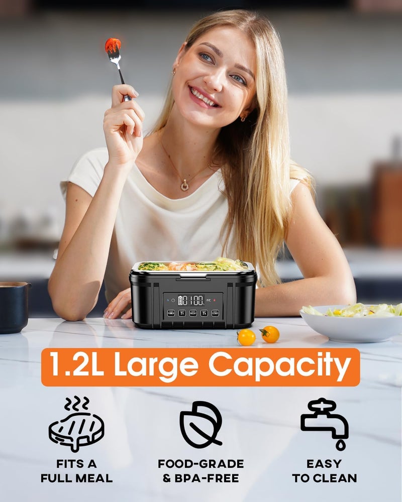 FERVINOW Cordless Electric Lunch Box for Adults – Battery-Powered Heated Lunch Box with 1.2L Stainless Steel Container, Timer Function, and Leak-Proof Food Warmer for Work, Travel & Office - Image 2
